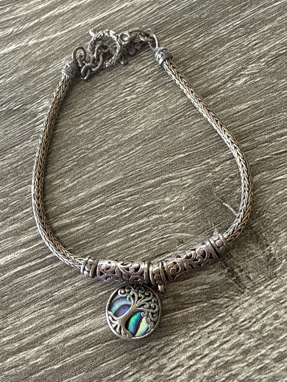Tree of Life Silver Charm Bracelet with Green-Blue Enamel